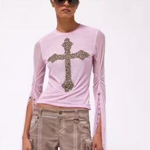 Embellished Cross Long-Sleeve Pink Top